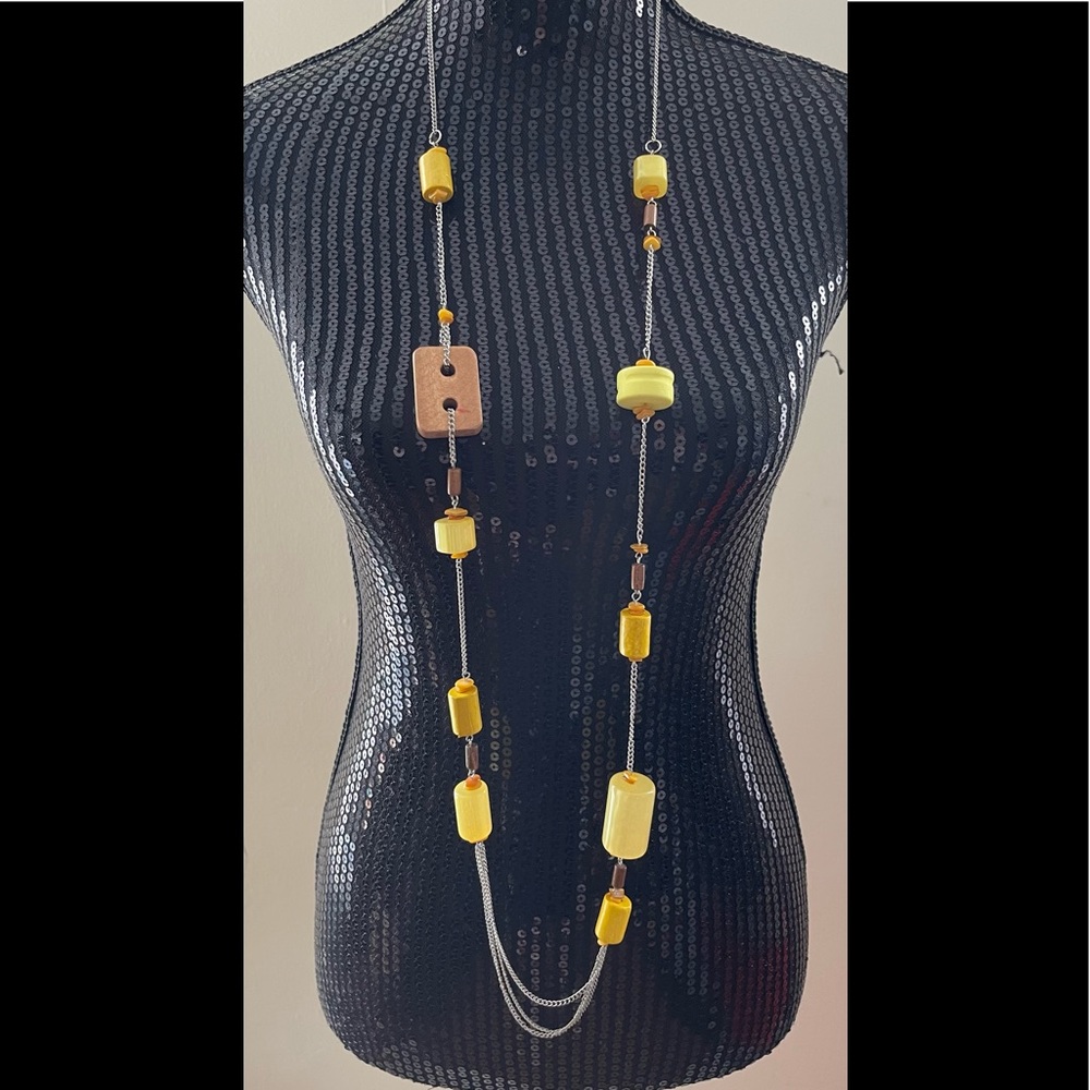 Vintage Christine Green Yellow Brown Wooden Block Necklace